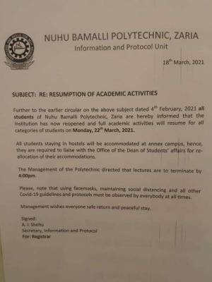 NUBAPOLY notice on resumption of academic activities
