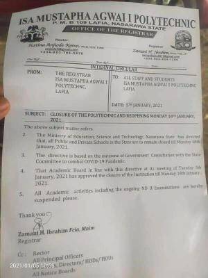 FkJngR8GyW3im2NGxTVDldqrCoEwBVBMdT4726w8 Isa Mustapha Agwai Polytechnic notice on closure and resumption