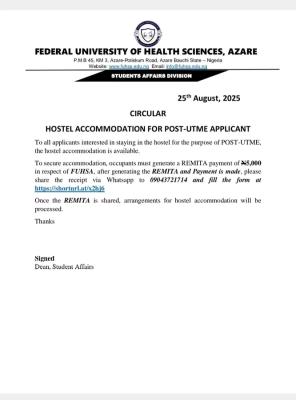 FUHSA notice to Post-UTME candidates interested in hostel accommodation during the screening