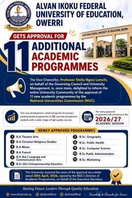 AIFUED gets NUC accreditation for 11 additional academic programmes