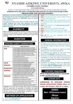 UNIZIK JUPEB programme admission form for 2023/2024 session