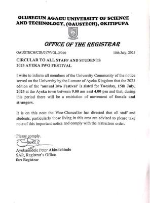 OAUSTECH notice to all staff and students