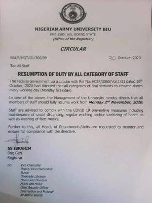 NAUB announces resumption date for staff