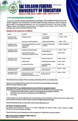 TASUED 17th Convocation Ceremony schedule and notice to graduands