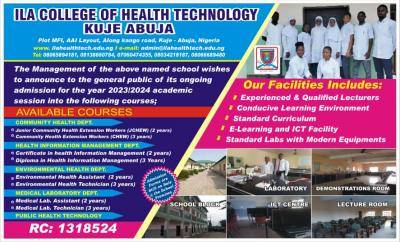 ILA College of Health Technology Abuja Releases 2023/2024 Admission Form