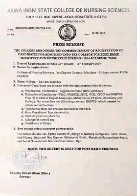 Akwa Ibom State College of Nursing Post Basic Midwifery & Psychiatric admission, 2024