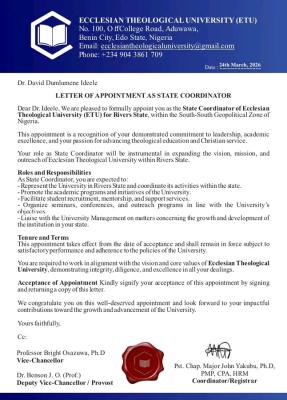 Ecclesian Theological University  appoints Dr. David Ideele as Rivers State Coordinator