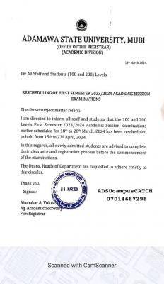 ADSU reschedules first semester examination, 2023/2024
