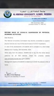 Alhikmah University suspends physical academic activities