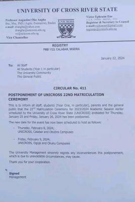 UNICROSS notice on postponement of 22nd Matriculation ceremony
