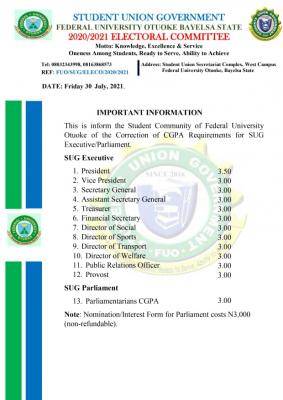 FUOTUOKE SUG notice on CGPA Requirements for SUG executives/parliament
