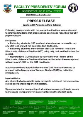 UNIJOS Students' Forum notice to students on GST Payments
