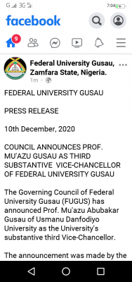 FUGUSAU appoints third substantive Vice-Chancellor