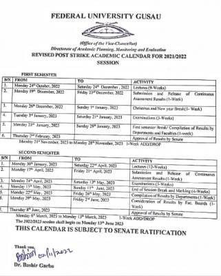 FUGUSAU revised academic calendar, 2021/2022