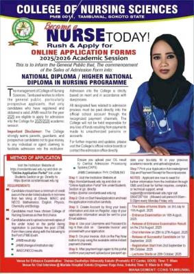 College of Nursing Sciences, Tambuwal releasess ND/HND Nursing form, 2025/2026