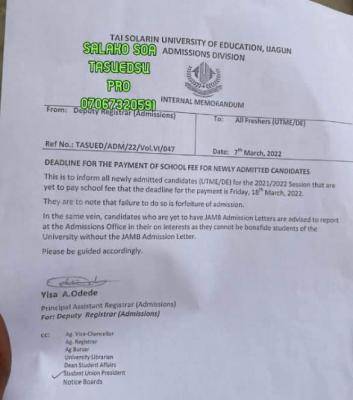 TASUED deadline for the payment of school fees for newly admitted candidates