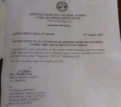 Akperan Orshi Poly notice to all students of Benue State origin