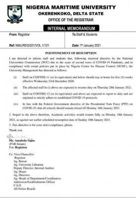 Nigerian Maritime University postpones resumption