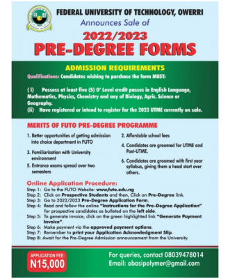 FUTO Releases 2022/2023 Pre-Degree Admission Form