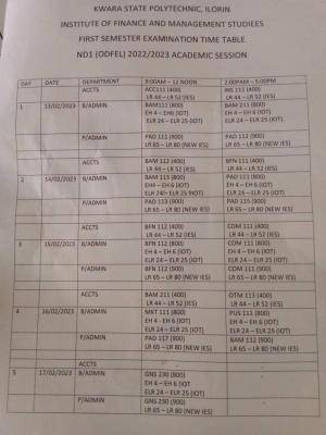 Kwara Poly first semester exam time table for ODFEL programme, 2022/2023