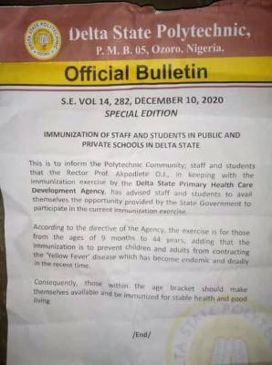 Delta State Polytechnic Ozoro issues notice on immunization of staff and students