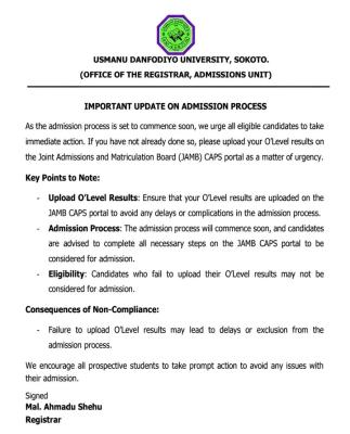 UDUSOK update on admission process, 2026/2027