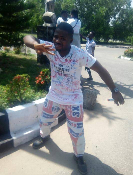 AAUA Graduate Dresses Up in Cement Sack to Celebrate His Signing Out