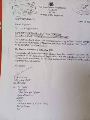 KENPOLY matriculation date for 2020/2021 session