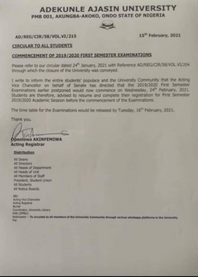 AAUA notice on commencement of 1st semester exams for 2019/2020 session