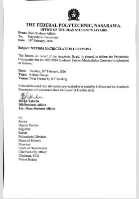 Fed Poly Nasarawa announces matriculation ceremony, 2025/2026