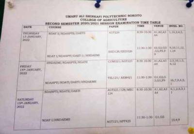 Umar Alli Shinkafi second semester examination timetable, 2020/2021