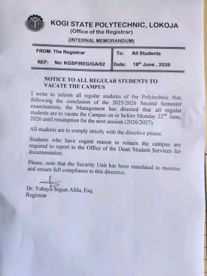 Kogi State Poly notice to Students on Vacation of Hostel over Academic Session Break