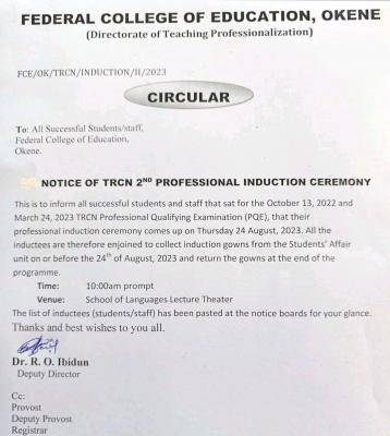 FCE Okene notice of TRCN 2nd Professional Induction ceremony