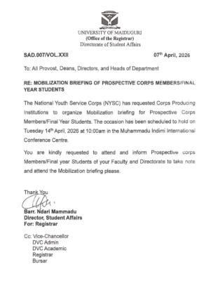 UNIMAID schedules NYSC mobilization briefing exercise for Final Year students, 2025/26