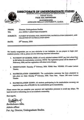 Kaduna COE, Gidan-waya notice to degree students on payment of school fees, orientation & matriculation