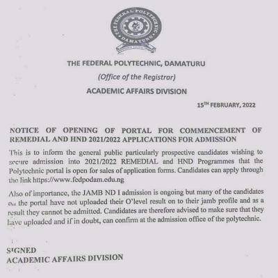 Fedpoly Damaturu HND and Remedial Admission, 2021/2022