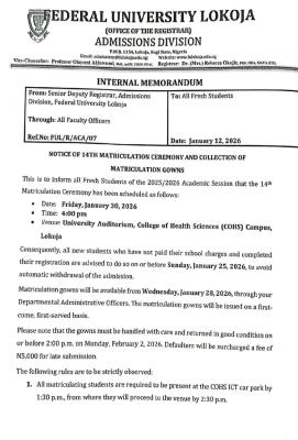 FULOKOJA notice on 14th matriculation ceremony and collection of gown