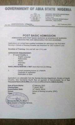 School of Nursing Amachara & Umuahia Releases  2023/2024 Post Basic Nursing Form 