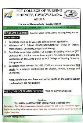 FCT College of Nursing Sciences, Gwagwalada, Abuja admission into ND/HND Nursing, 2023/2024