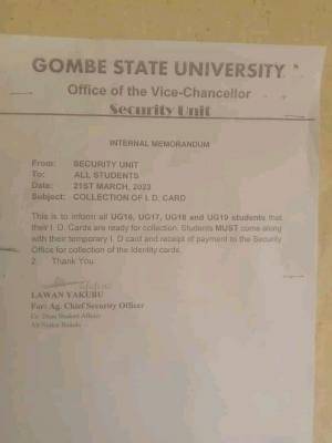 GOMSU notice to students on collection of I.D Card