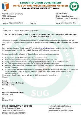 UNIZIK notice on 1st semester GST registration deadline, 2021/2022