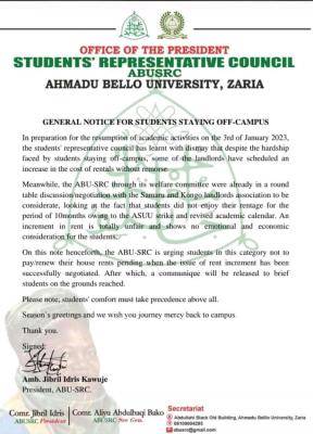 ABU-SRC general notice for students staying off campus