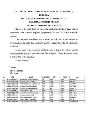 Oyo State College Of Agriculture ND 6th batch Provisional admission list, 2022/2023