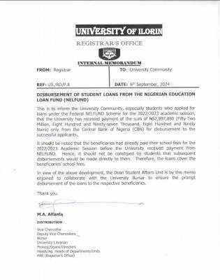 UNILORIN begins disbursement of students' loan to beneficiaries account