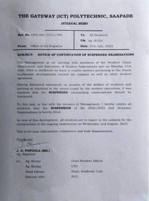 Gateway ICT Poly notice on continuation of suspended exams