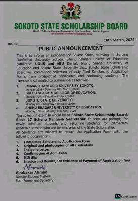 Sokoto State Scholarship Board announcess Collection of Application Forms
