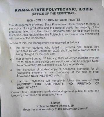 Kwara state polytechnic notice to graduates on non collection of certificates