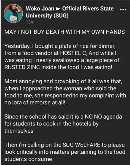 RSU student cries out after finding rusted zinc in the food she bought from a vendor