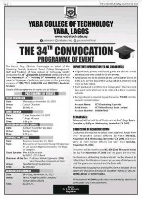 YABATECH programme of events for the 34th Convocation Ceremony