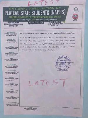 FCE Pankshin Plateau State Students Association notice on submission of scholarship form